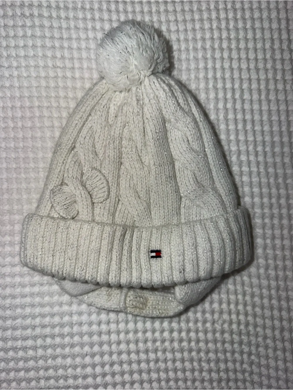 Tommy Hilfiger Baby Cable Knit Trapper Beanie Hat 12-18M Pom Pom